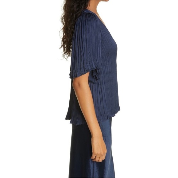 VINCE fluttered sleeve crushed satin Blue Blouse - Picture 3 of 8